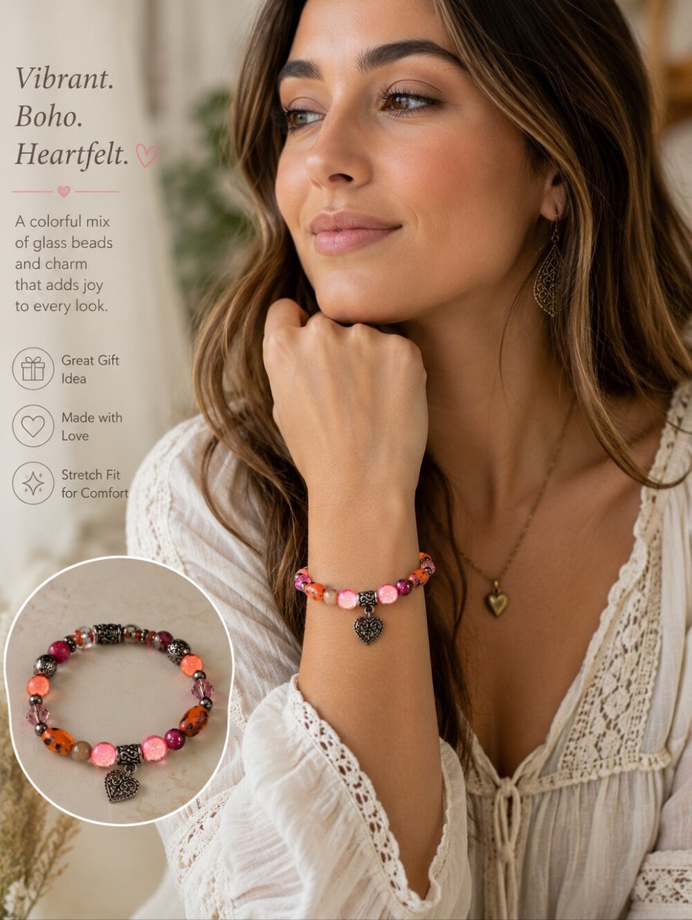 Handcrafted Heart Charm Stretch Bracelet | Pink Orange Glass Beads | Boho Artisa